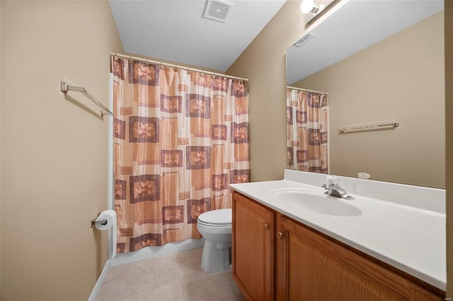 full bathroom with visible vents, a shower with shower curtain, toilet, and vanity
