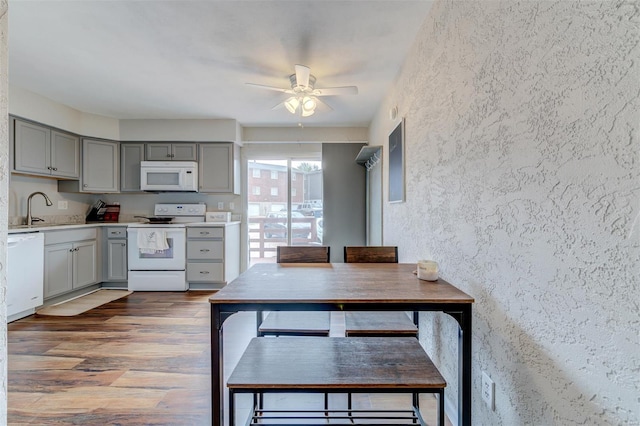 kitchen featuring white appliances, gray cabinets, dark wood-type flooring, a sink, and a ceiling fan
