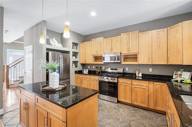kitchen with light brown cabinets, open shelves, appliances with stainless steel finishes, a center island, and light tile patterned flooring