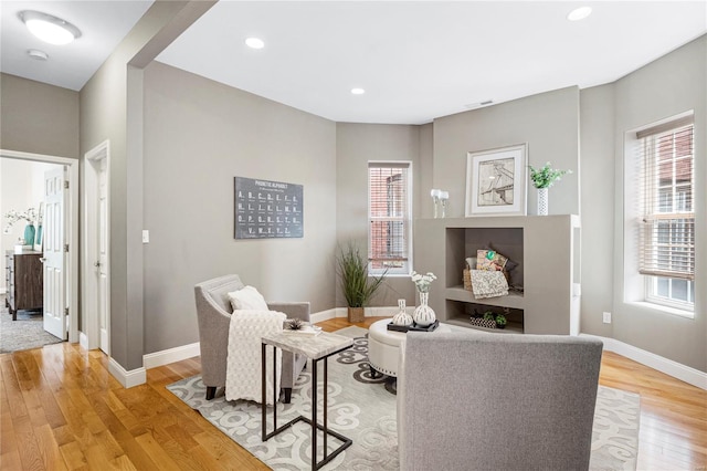 living area featuring a wealth of natural light, light wood-type flooring, and baseboards