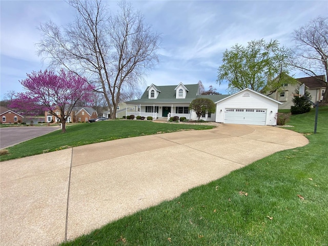 cape cod-style house featuring a front yard, a garage, covered porch, and driveway