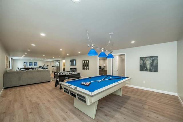 recreation room with light wood-style flooring, pool table, baseboards, and recessed lighting