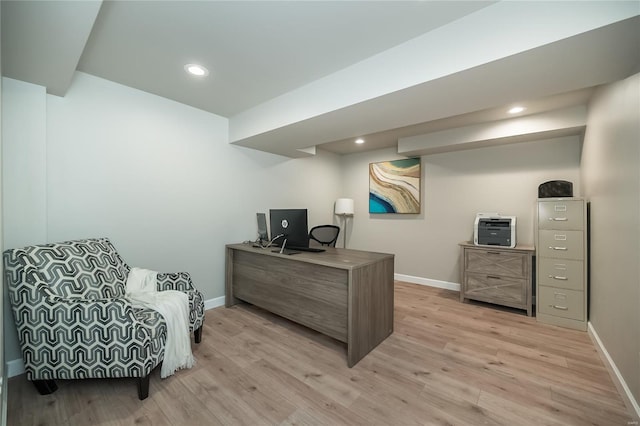 office area with recessed lighting, light wood-style floors, and baseboards