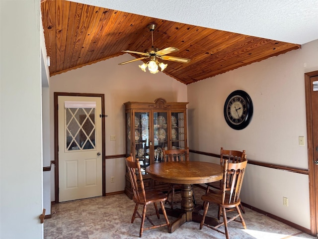 dining area featuring wooden ceiling, ceiling fan, baseboards, and lofted ceiling