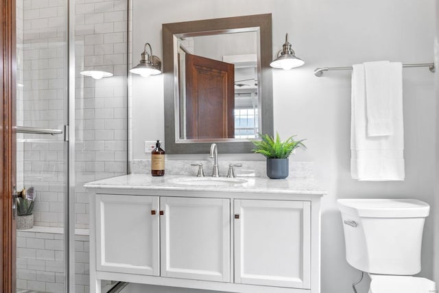 bathroom with vanity, toilet, and a shower stall