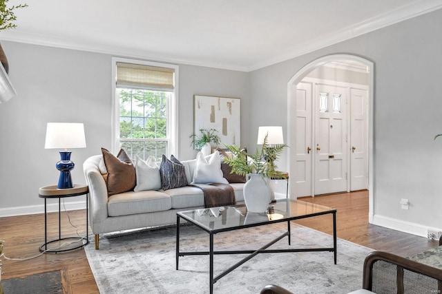 living room with crown molding, baseboards, and wood finished floors