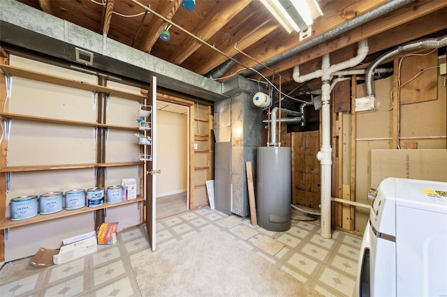 unfinished below grade area with visible vents, washer / clothes dryer, light floors, and water heater