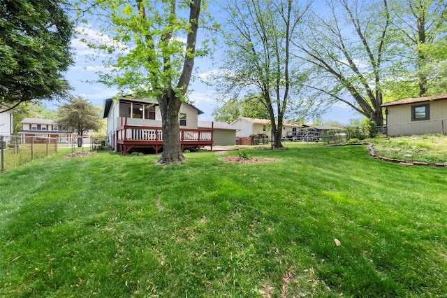 view of yard featuring a wooden deck, a fenced backyard, and a sunroom