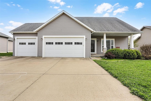 single story home with a garage, a front lawn, roof with shingles, driveway, and covered porch
