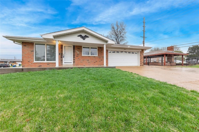 single story home with concrete driveway, a front yard, brick siding, and an attached garage