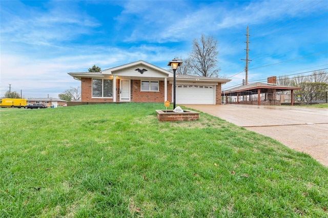 ranch-style house with brick siding, a front yard, an attached garage, and concrete driveway