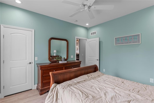 bedroom featuring ceiling fan, recessed lighting, visible vents, and light wood-type flooring