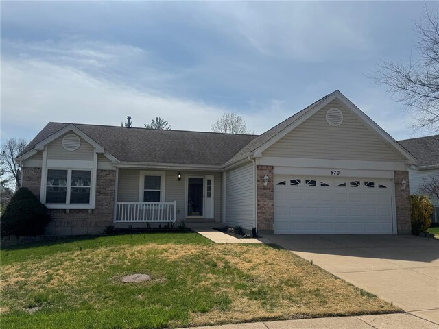 single story home with covered porch, brick siding, concrete driveway, and a garage