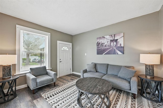 living area featuring a textured ceiling, wood finished floors, and baseboards