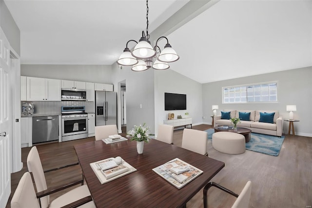 dining room with baseboards, a chandelier, dark wood-style floors, beam ceiling, and high vaulted ceiling