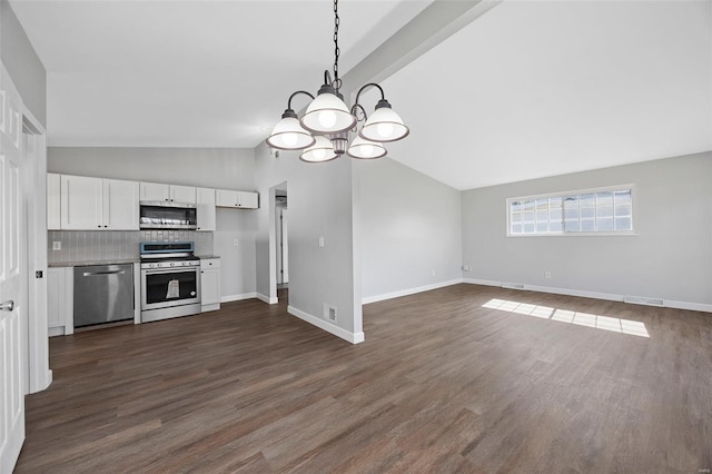kitchen with white cabinets, dark wood-style floors, a chandelier, and stainless steel appliances