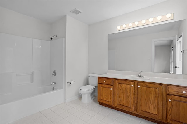 full bath with visible vents, toilet, shower / tub combination, and vanity