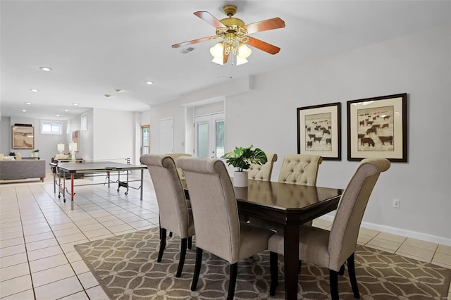 dining room with recessed lighting, light tile patterned floors, ceiling fan, baseboards, and visible vents