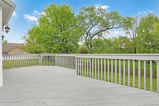 wooden deck featuring a lawn