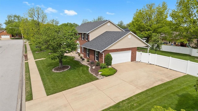 view of front of home featuring a front yard, brick siding, fence, concrete driveway, and an attached garage