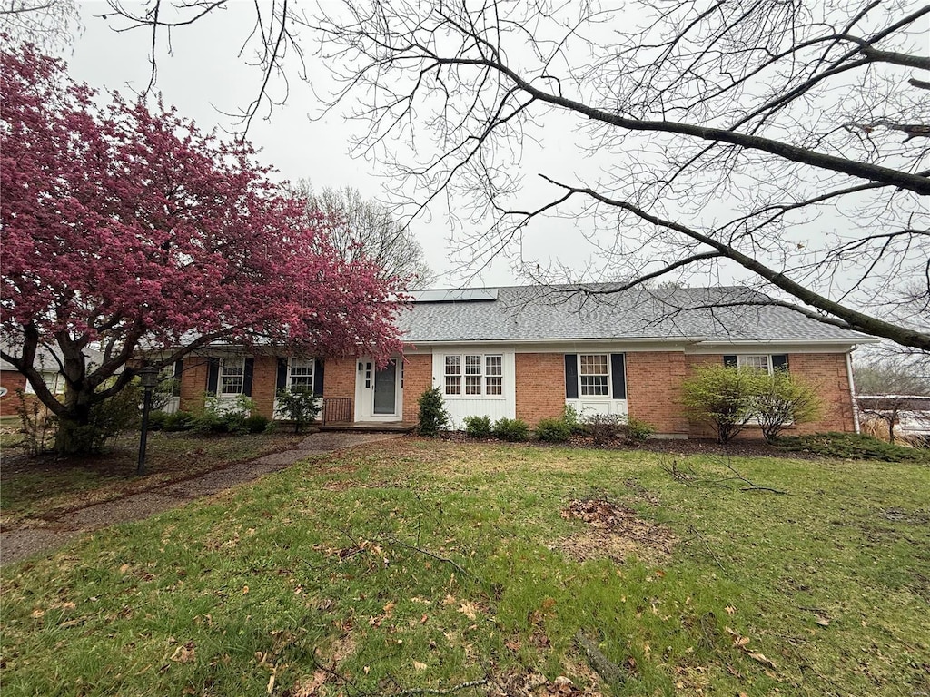 single story home with a front lawn, solar panels, and brick siding