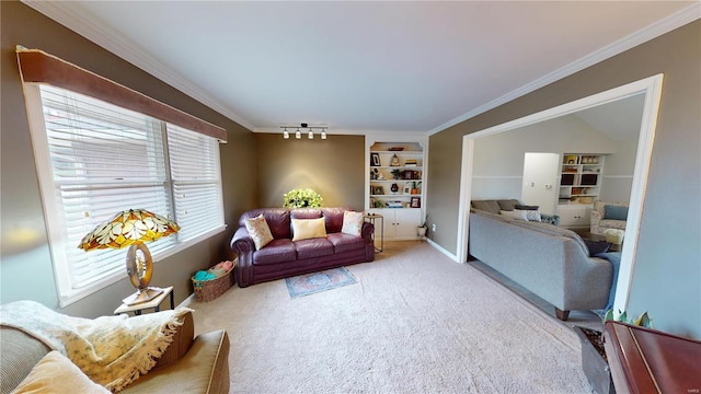 carpeted living room with crown molding and built in features
