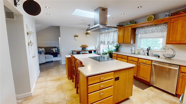 kitchen featuring stainless steel dishwasher, visible vents, a center island, black electric stovetop, and island range hood