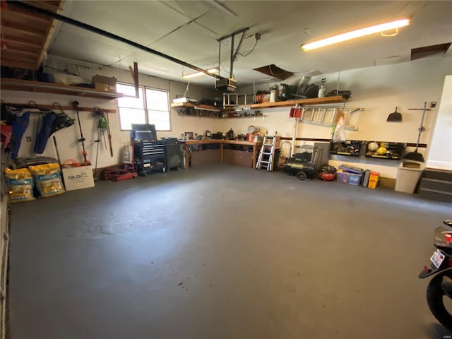 garage featuring a workshop area and a garage door opener