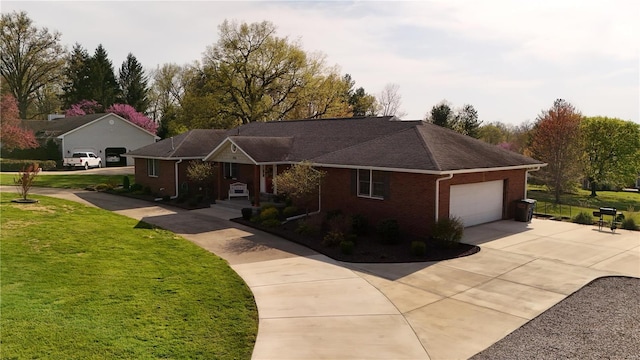 ranch-style home featuring concrete driveway, brick siding, a garage, and a front lawn