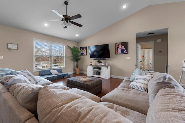 living area featuring baseboards, vaulted ceiling, recessed lighting, a ceiling fan, and wood finished floors