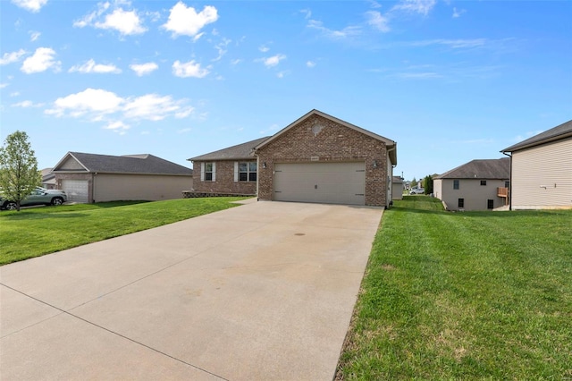 single story home featuring a front yard, brick siding, driveway, and an attached garage