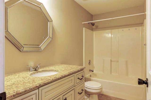 full bath with shower / washtub combination, toilet, vanity, and tile patterned floors