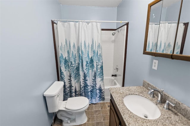 full bathroom with shower / bath combo, toilet, and vanity