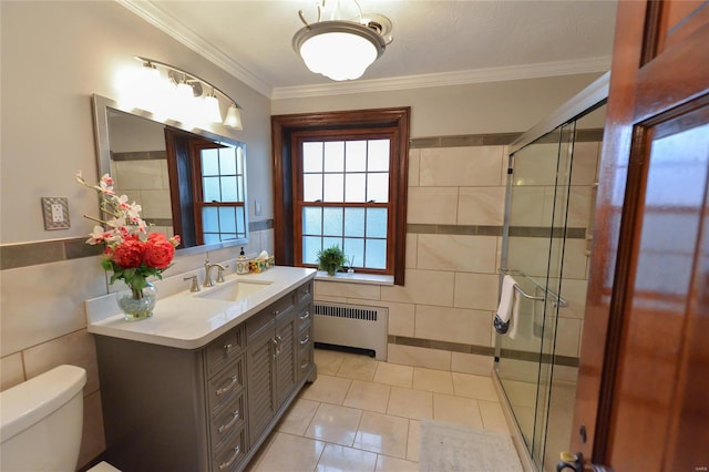 full bath with a shower stall, toilet, tile walls, and radiator