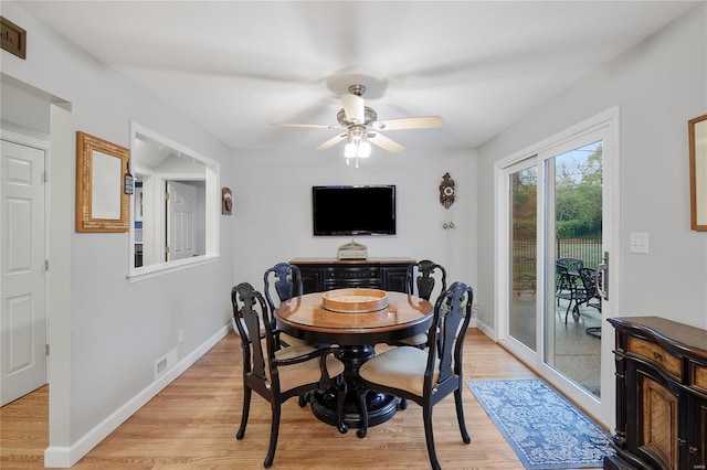 dining room with light wood finished floors, visible vents, baseboards, and ceiling fan