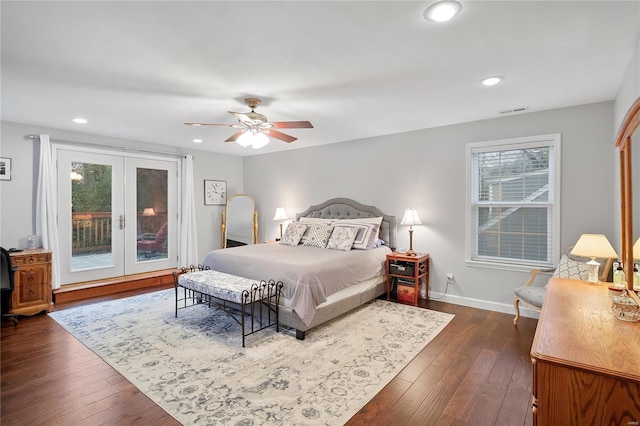 bedroom with access to outside, recessed lighting, french doors, dark wood-type flooring, and visible vents