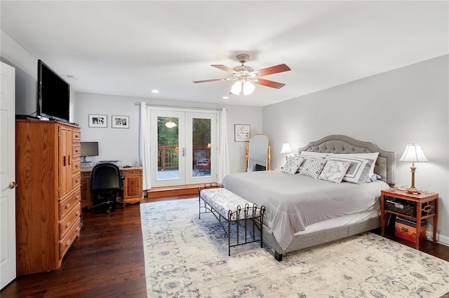 bedroom featuring a ceiling fan, dark wood finished floors, recessed lighting, french doors, and access to exterior