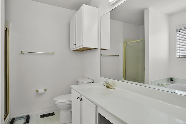 bathroom with visible vents, vanity, toilet, baseboards, and a shower stall