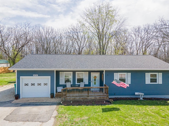 ranch-style home featuring driveway, a porch, a shingled roof, and a garage