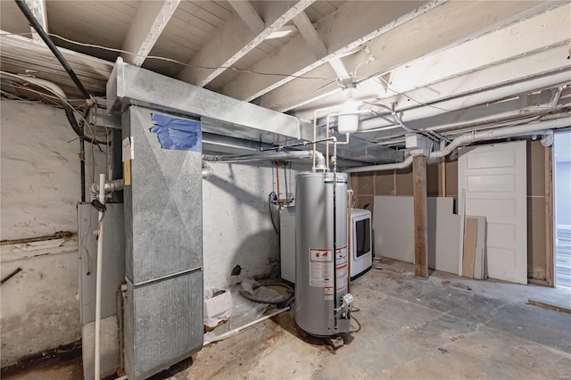 unfinished basement featuring washer / clothes dryer, heating unit, and water heater