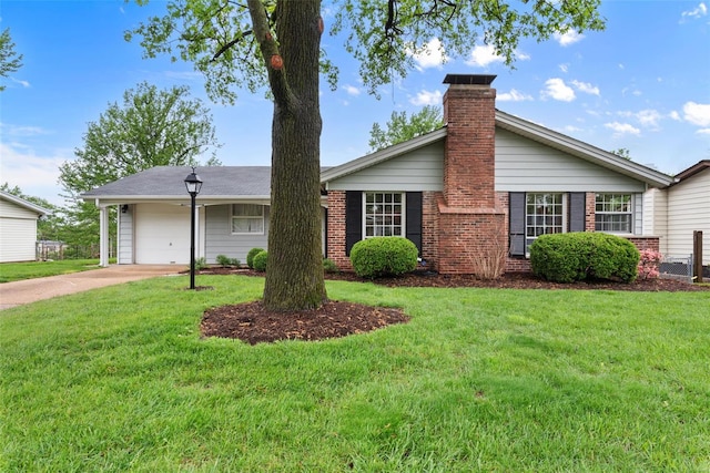 ranch-style home featuring a front lawn, a chimney, brick siding, concrete driveway, and an attached garage