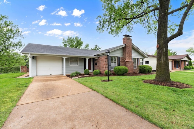 ranch-style house with a front lawn, brick siding, a garage, a chimney, and driveway