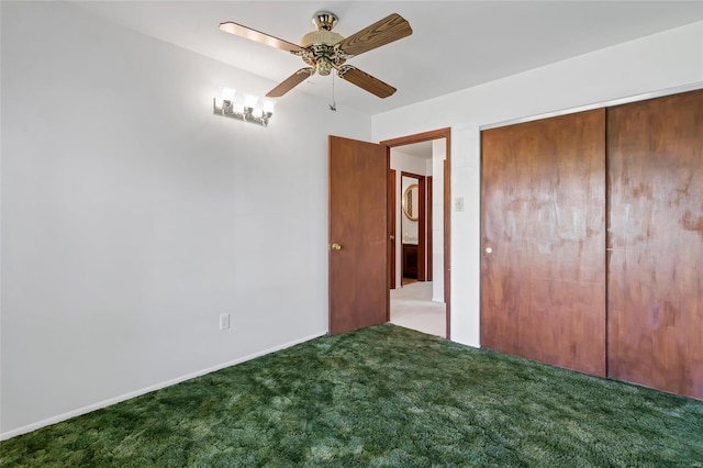 unfurnished bedroom with a closet, a ceiling fan, and carpet