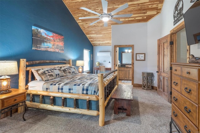 bedroom with baseboards, a wall unit AC, high vaulted ceiling, carpet, and wooden ceiling
