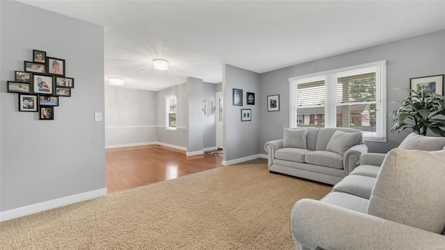 living area with baseboards and carpet