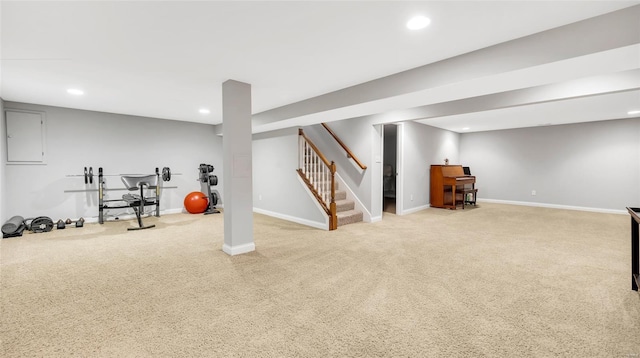 interior space featuring recessed lighting, carpet flooring, and stairs