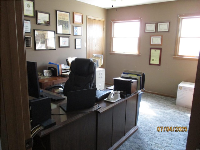 carpeted office space with baseboards, a ceiling fan, and plenty of natural light