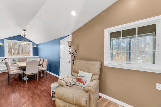 dining area with baseboards, vaulted ceiling, and wood finished floors