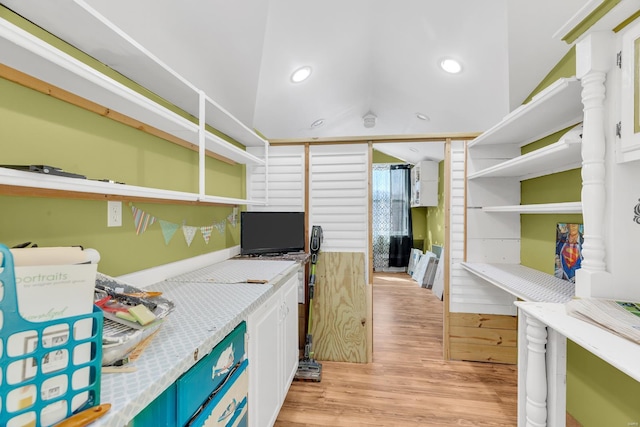 office featuring light wood-type flooring and recessed lighting