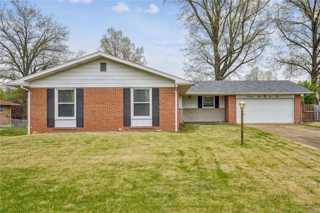 single story home featuring a garage, fence, driveway, and brick siding